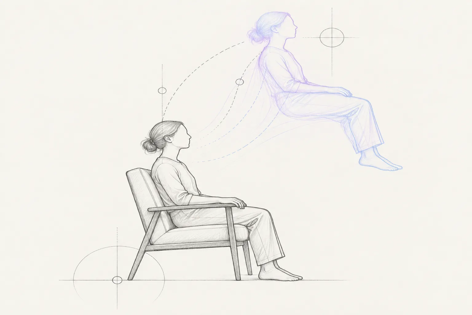 Line drawing of a person seated in an armchair, with a second translucent outline of the same person lifting away from the body
